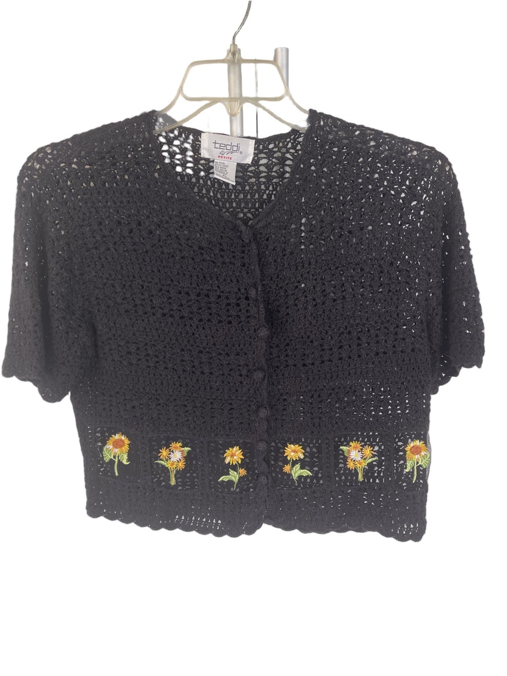Teddi Black Knit Crochet Button-Up Cardigan w/Floral Embroidery Sunflower Sz PL